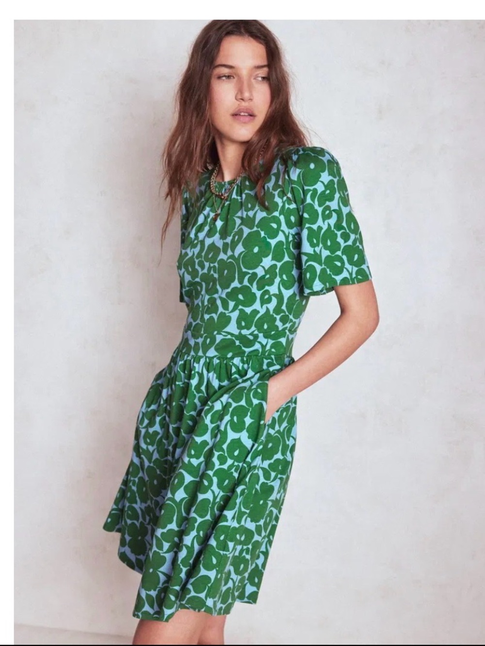 Boden Louisa Short Jersey Dress in “Bloom Mosaic” Pattern